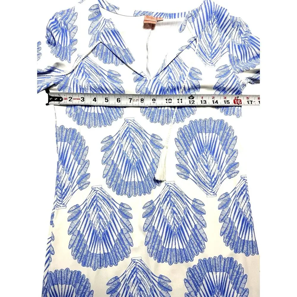 Persifor Winthrop Tunic Dress S Blue White Shell Fan Print Tassel Stretch USA